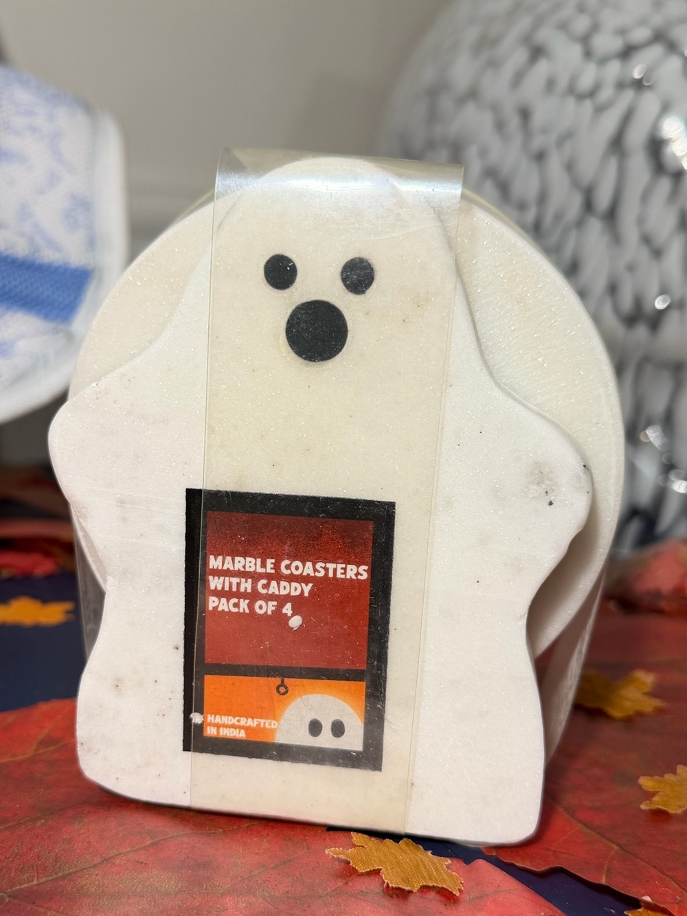 Halloween Marble Ghost Coaster Set with Caddy - White
